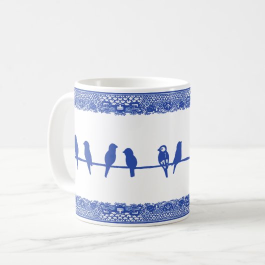 Vögel auf Wire Blue White Willow Whimsical Simple Kaffeetasse (Vorderseite Links)