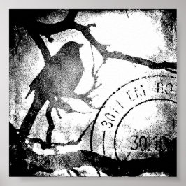 Vogel auf Zweig, Schwarz und Weiß Poster