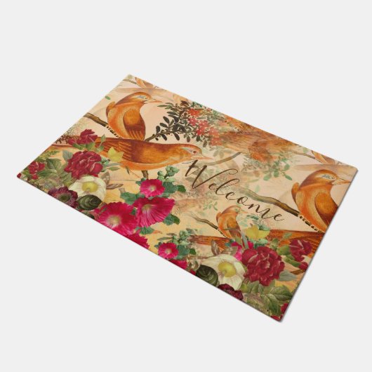 Vögel auf Zweigen Aquamarin, orange, gelb Willkomm Fußmatte (Schrägansicht)