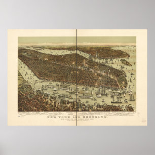 Vogel-Augen-panoramische Karte New York 1892 u. Poster