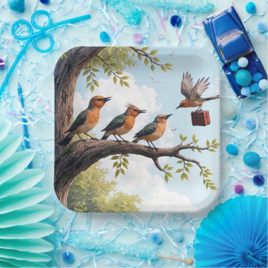 Vögel aus der Wirtschaft auf einer Baumzweigung Pappteller (Party)