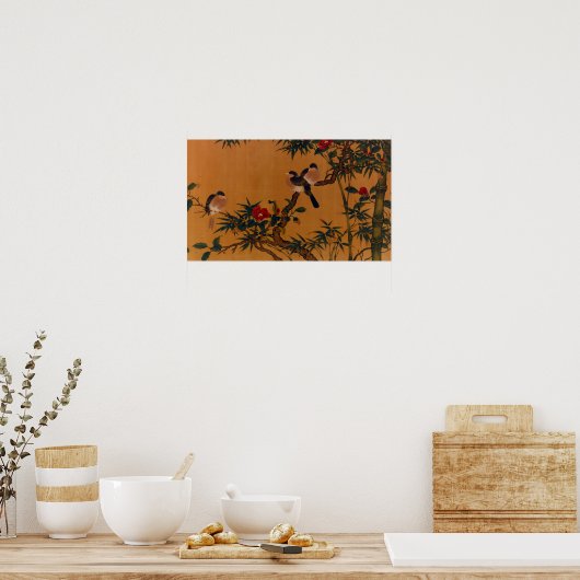 Vögel, Bambus, Kamelien, Japanisch Art 1644-1911 Poster (Küche)