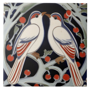 Vögel & Beeren Art Nouveau Roter Vogel Art Deco Fliese