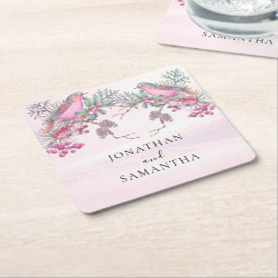 Vögel & Beeren Zapfen Aquarell Winterhochzeit Rechteckiger Pappuntersetzer