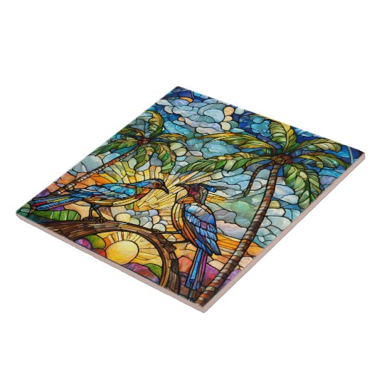 Vögel bei Sonnenaufgang Festigte Glaskunst Fliese (Seite)