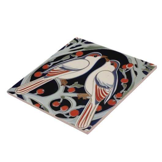 Vögel & Berries Art Nouveau Red Bird Art Deco Fliese (Seite)
