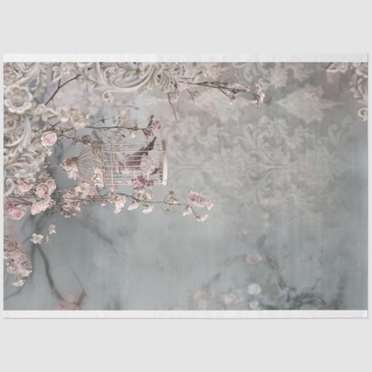 Vogel & Birdcage, Shabby Chic Blumenfantasie Seidenpapier (Vorderseite)