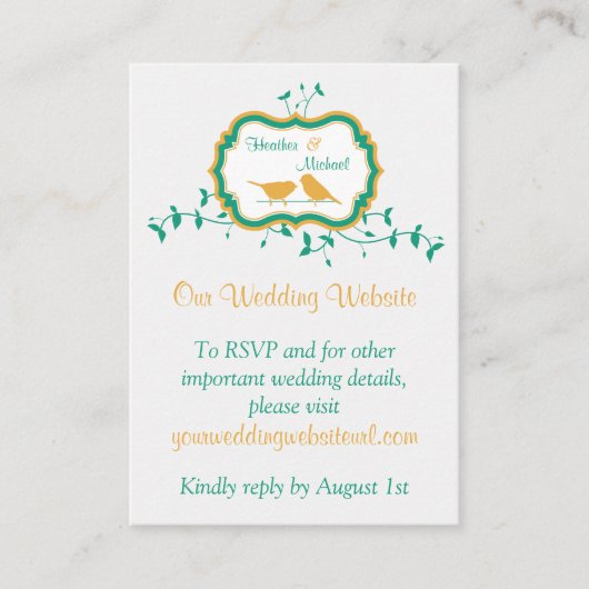 Vögel Blätter Gelbe Smaragdfarbene Hochzeitsseite Begleitkarte (Vorderseite)