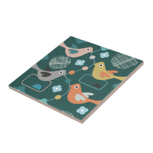 Vögel Blume Retro Moderne Muster Mitte Jahrhunder Fliese