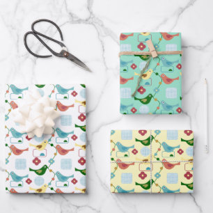 Vögel Blume Retro Moderne Muster Mitte Jahrhunder Geschenkpapier Set