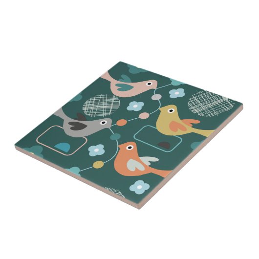 Vögel Blume Retro Moderne Muster Mitte Jahrhundert Fliese (Seite)