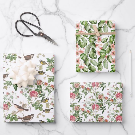 Vogel, Blume und Foliage Geschenkpapier Set (Vorderseite)