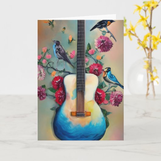 Vögel, Blume und Gitarre Karte (Gelbe Blume)
