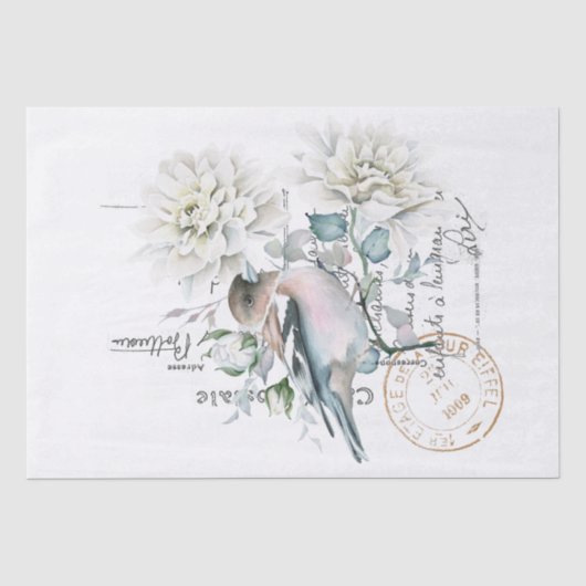 Vogel-Blumen-Französische-Schrift-Poststempel-Deco Seidenpapier (Vorderseite)