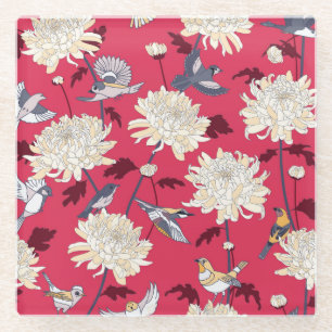 Vögel & Chrysanthemen: Vintage Blüten Glasuntersetzer