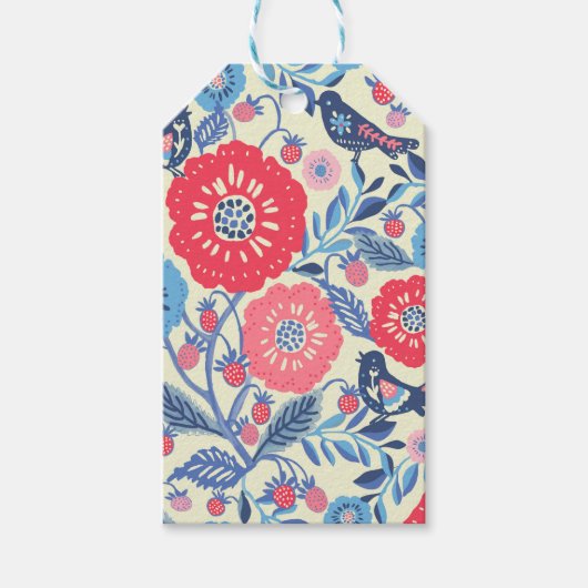 Vögel der Volkskunst, Erdbeeren und Blume drucken Geschenkanhänger (Vorderseite)