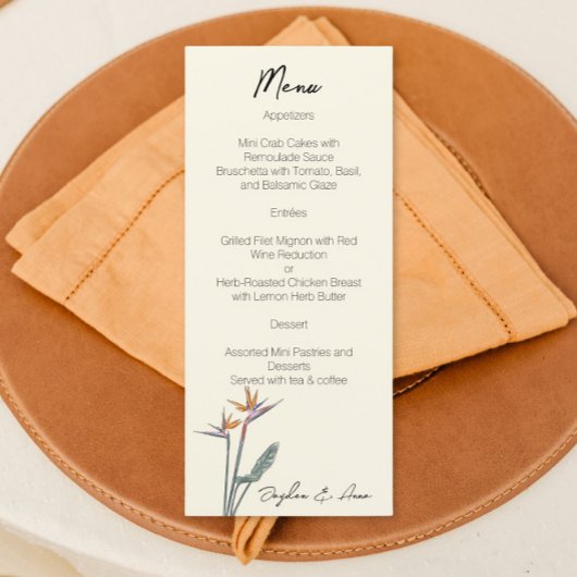 Vögel des Paradieses für das Hochzeitswasserdesign Menükarte