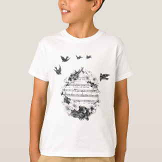 Vögel, die französische Notenmusik-Blume fliegen W T-Shirt