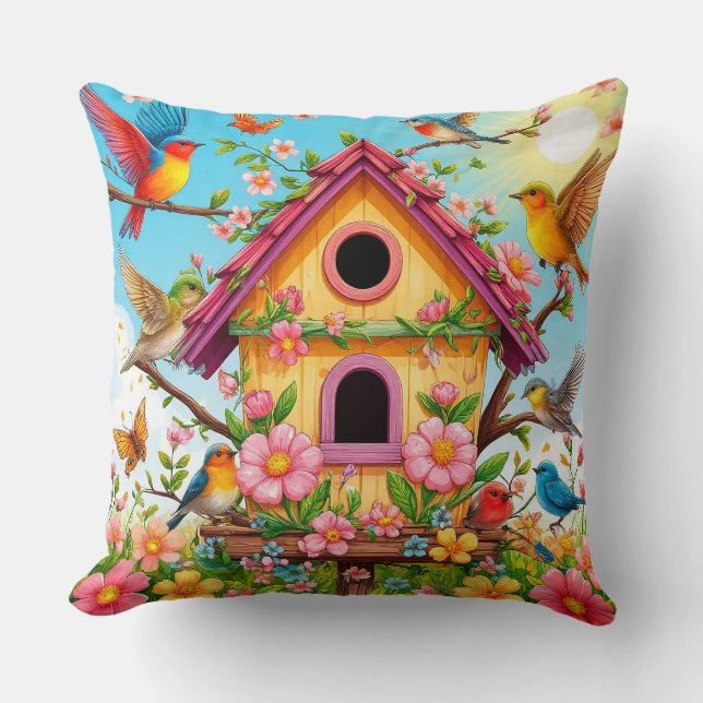Vögel, die um ein Vogelhaus herumziehen Kissen (Vorderseite)