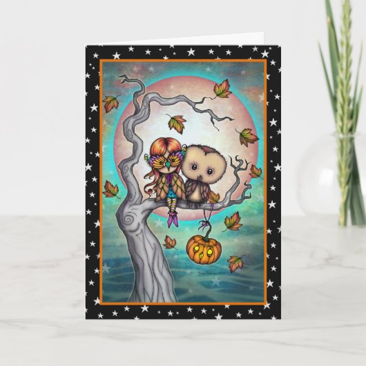 Vögel eines Feather Halloween und Mädchen Karte (Vorderseite)