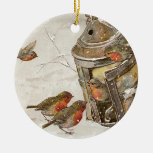 Vögel finden Schutz im Laternen-Vintagen Keramikornament