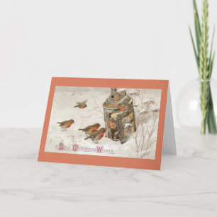 Vögel finden Schutz in Laterne Vintage-Weihnachten Feiertagskarte