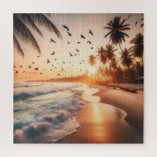 Vögel fliegen bei Sonnenuntergang über einem Stran Puzzle