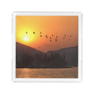 Vögel fliegen in Sunset Sky über dem East Lake Fot Acryl Tablett