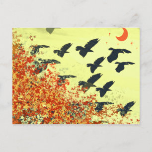 Vögel fliegen roter Mond Postkarte