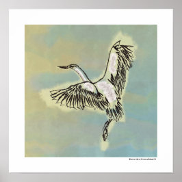Vogel fliegt Blau Braun Kranich Line Art Zeichnung Poster