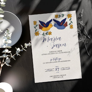 Vögel Floral Blau Gelb Charmante Spanische Hochzei Einladung