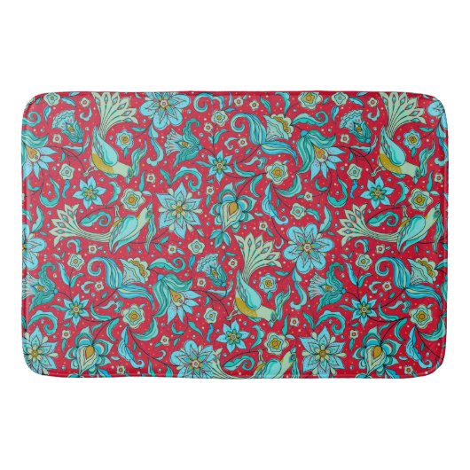 Vögel, Florale, Blues, Rot Badematte (Vorderseite)