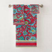 Vögel, Florale, Blues, Rot, blasses Limones Handtu Badhandtuch Set (Insitu)