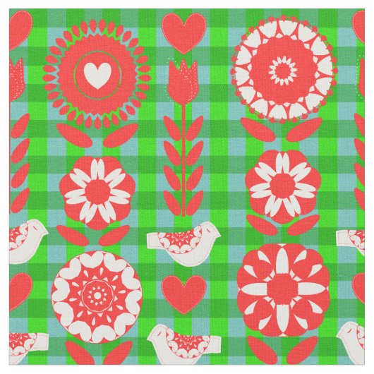 Vögel Folk Hübsche Blumenmuster Stoff (Nahaufnahme)