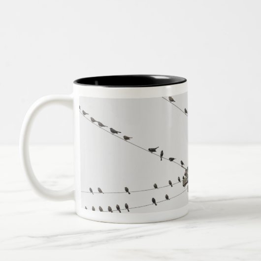 Vögel gehockt auf Drähten Zweifarbige Tasse (Links)
