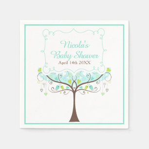 Vögel Herz Baum Blau und Grün Babyparty Serviette