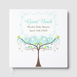 Vögel Herzen Baum Blau und Grün Baby Shower Gästebuch