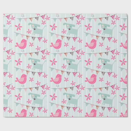 Vögel, Hunde, Banner, Blume Geschenkpapier (Flach)