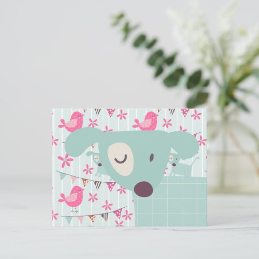 Vögel, Hunde, Banner, Blume Postkarte (Stehend Vorderseite)