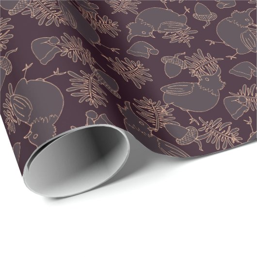 Vögel, Hüte, Eicheln an dunklen Weihnachten Geschenkpapier (Rolleneckpunkt)