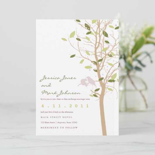 Vögel im Baum mit Blätter Einladung (Stehend Vorderseite)