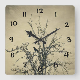 Vögel im Baum - Quadratische Wanduhr