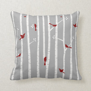 Vögel im Birken-Baum-roten weißen Grau Kissen