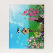 Vögel im Blumengarten | Farblich Puzzle (Vertikal)