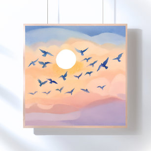 Vögel im Flug   Sonnenuntergang Natur Aquarell Poster