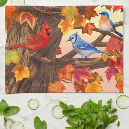 Vögel im Herbst Ahornbaum Geschirrtuch (Gefaltet)