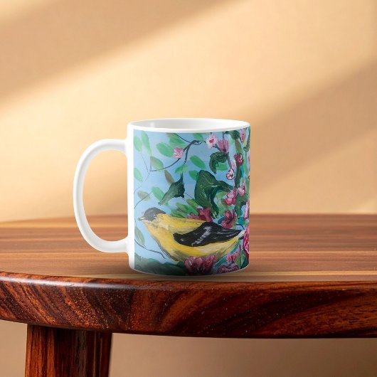 Vögel im Hinterhof handgemalte Kunst Kaffeetasse
