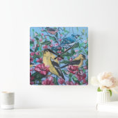 Vögel im Hinterhof Handgemalte Kunst Quadratische Wanduhr (Zuhause)