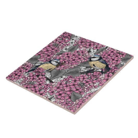 Vögel im Rosa-lila-Garten Fliese (Seite)