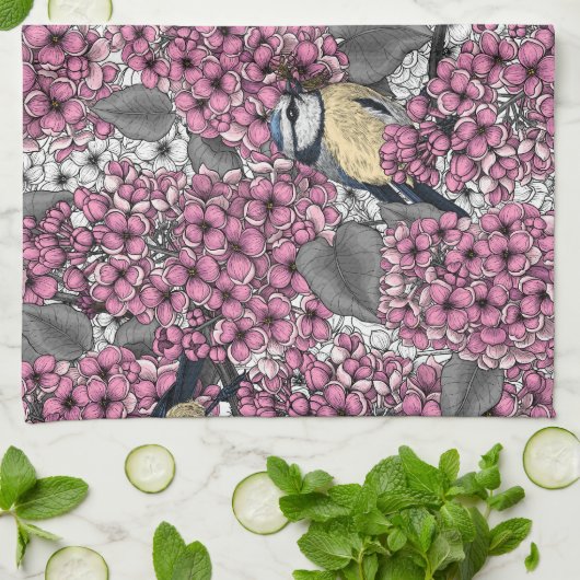 Vögel im Rosa-lila-Garten Geschirrtuch (Gefaltet)
